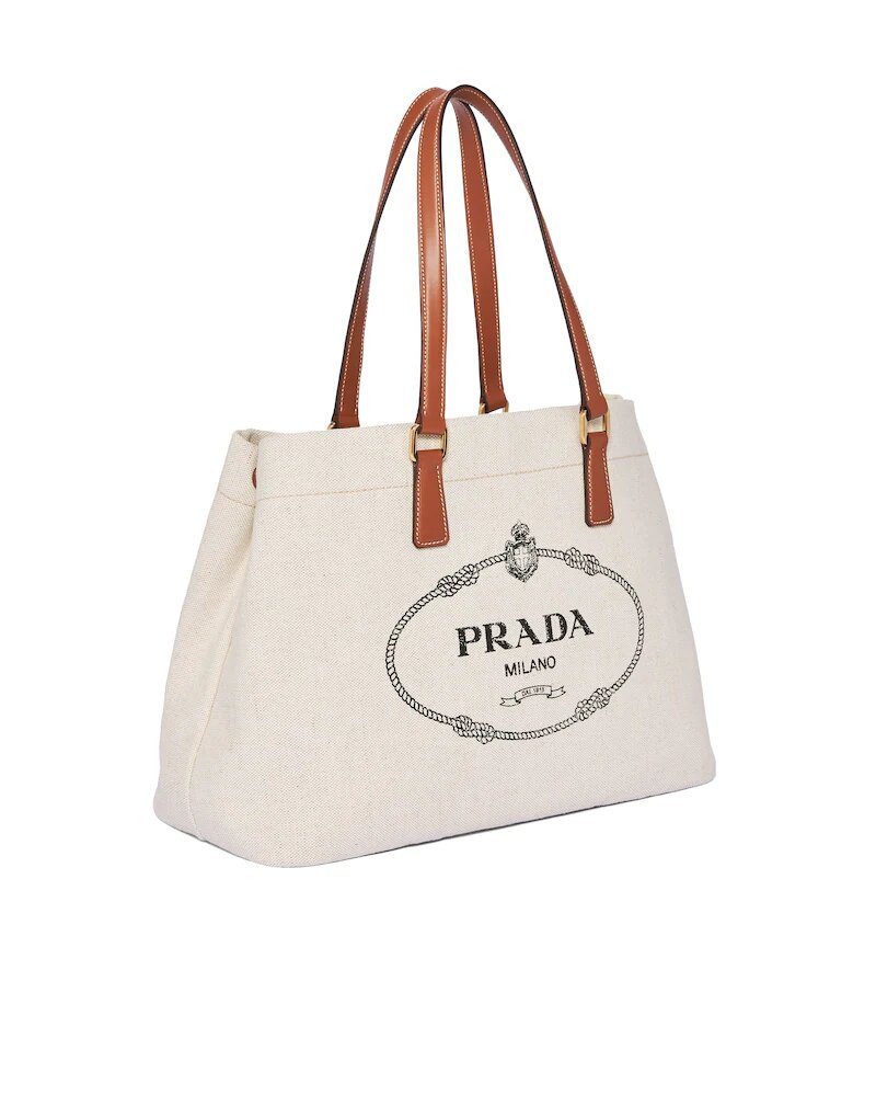PRADA LINEN BLEND AND LEATHER TOTE - Clothes Rep