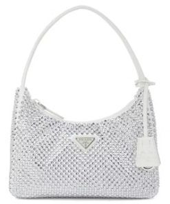 Satin mini-bag with artificial crystals White