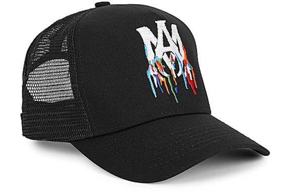 AMIRI Embroidered Paint Drip AM Logo Trucker Snapback Cap Black/White/Multi