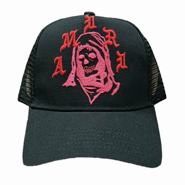AMIRI Red Graphic Print Logo Canvas Trucker Cap Black