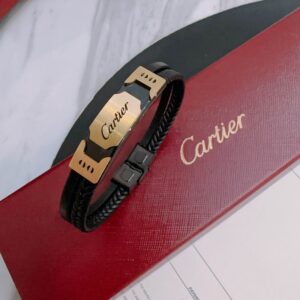 Black Leather Braided Bracelet Gold-Plated Stainless Steel Metal Plate