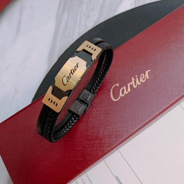 Black Leather Braided Bracelet Gold-Plated Stainless Steel Metal Plate