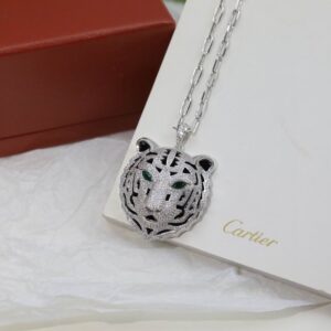 Cartier Tiger Head Silver Necklace Pendant Adorned