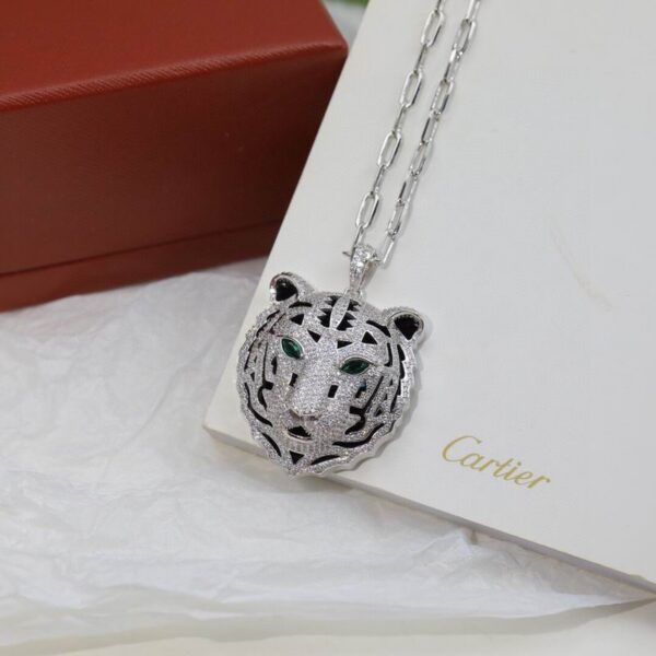 Cartier Tiger Head Silver Necklace Pendant Adorned