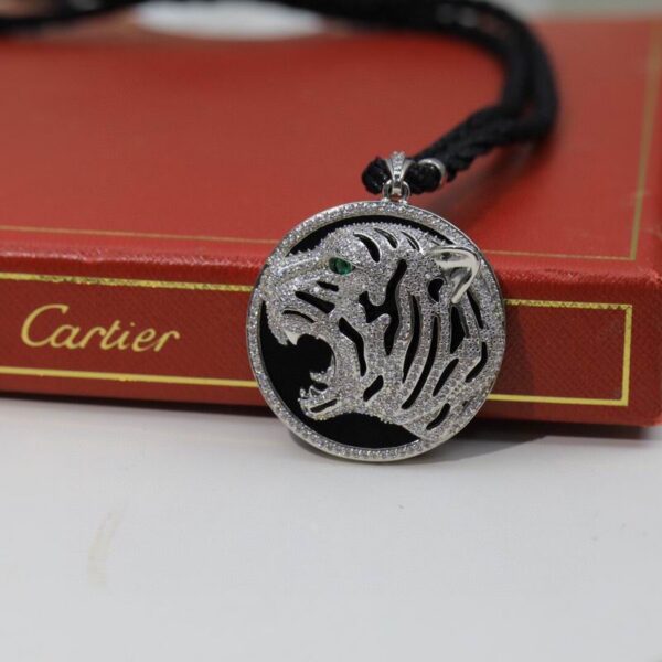 Cartier Tiger Circle Face Necklace Pendant Tiger Head Motif Adorned Diamond Black