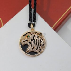 Cartier Tiger Circle Face Necklace Pendant Tiger Head Motif Adorned Gold Diamond Black