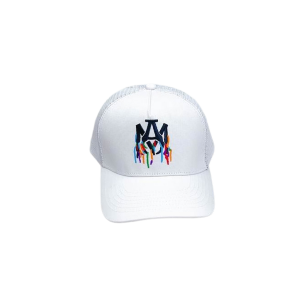 AMIRI Multicolour Logo Embroidered Canvas Mesh Trucker Paint Drip Effect Cap White